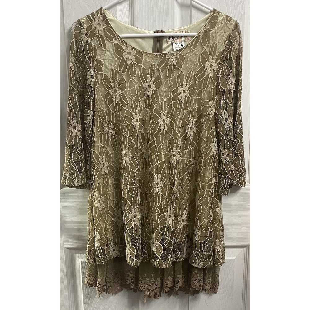 Lady Noiz Noie Women Tan Floral Lace 3/4 Sleeve Mother Dress Or Tunic Top S/M